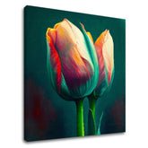 Pop art obraz na plátne s motívom Nádych jari na stene, tulipány, kvety, príroda v modro-oranžových odtieňoch, elegantná atmosféra, vhodný do kuchyne – hlavný