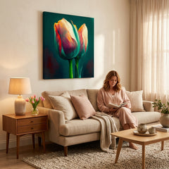 Pop art obraz na plátne s motívom Nádych jari na stene, tulipány, kvety, príroda v modro-oranžových odtieňoch zavesený v interiéri kuchyne, príroda a jarná atmosféra – interiér