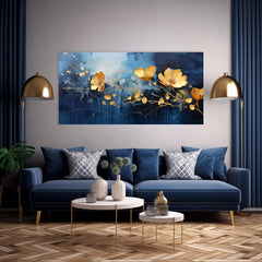 Obraz na plátne s motívom Modrá oáza radosti, kvety, príroda v modro-zlatých odtieňoch, elegantná atmosféra, príroda a elegancia, vhodný do obývačky – produkt