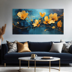 Moderný obraz na plátne s motívom Jemnosť modrého sveta, kvety, príroda v modro-zlatých odtieňoch, elegantná atmosféra, príroda a elegancia, vhodný do kancelárie – produkt