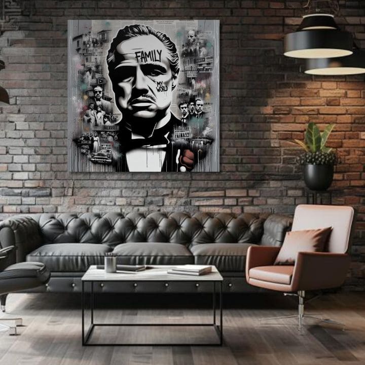 V boho štýle obraz na plátne s motívom The Godfather - Mafiánsky Boss, mapa v bielo-sivých odtieňoch, sila a moc a filmový svet, vhodný do kancelárie – produkt