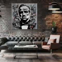 V boho štýle obraz na plátne s motívom The Godfather - Mafiánsky Boss, mapa v bielo-sivých odtieňoch, sila a moc a filmový svet, vhodný do kancelárie – produkt