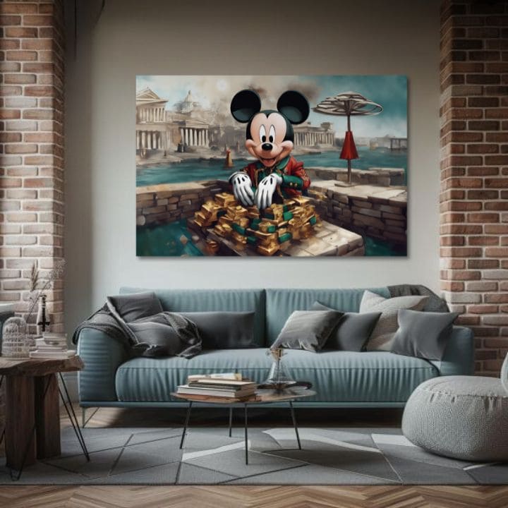 Klasický obraz na plátne s motívom Bohatý Mickey Mouse, detský motív, príroda v modro-zelených odtieňoch, vhodný do obývačky | Obraz na plátne - Bohatý Mickey Mouse – produkt