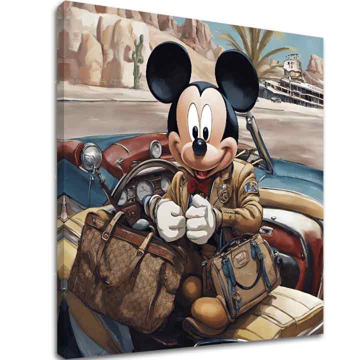 Vintage obraz na plátne s motívom Mickey Mouse na Dovolenke, krajina v modro-červených odtieňoch, dobrodružstvo a nostalgia, vhodný do detskej izby – hlavný