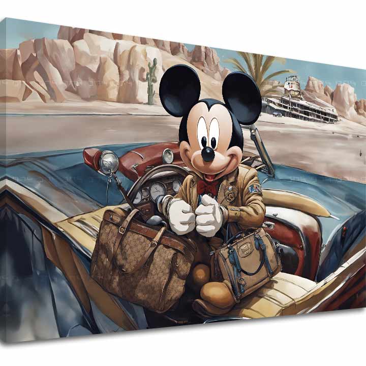 Pop art obraz na plátne s motívom Štýlový Mickey Mouse, automobil, cestovateľský motív v modro-červených odtieňoch, dobrodružstvo a nostalgia – hlavný