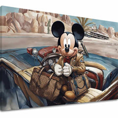 Pop art obraz na plátne s motívom Štýlový Mickey Mouse, automobil, cestovateľský motív v modro-červených odtieňoch, dobrodružstvo a nostalgia – hlavný