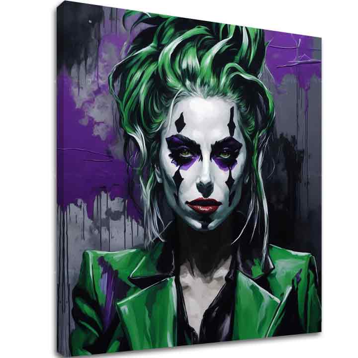 Pop art obraz na plátne s motívom Popová Diva Lady Gaga v fialovo-zelených odtieňoch, drzá atmosféra, vhodný do obývačky | Obraz na plátne - Popová Diva Lady Gaga – hlavný