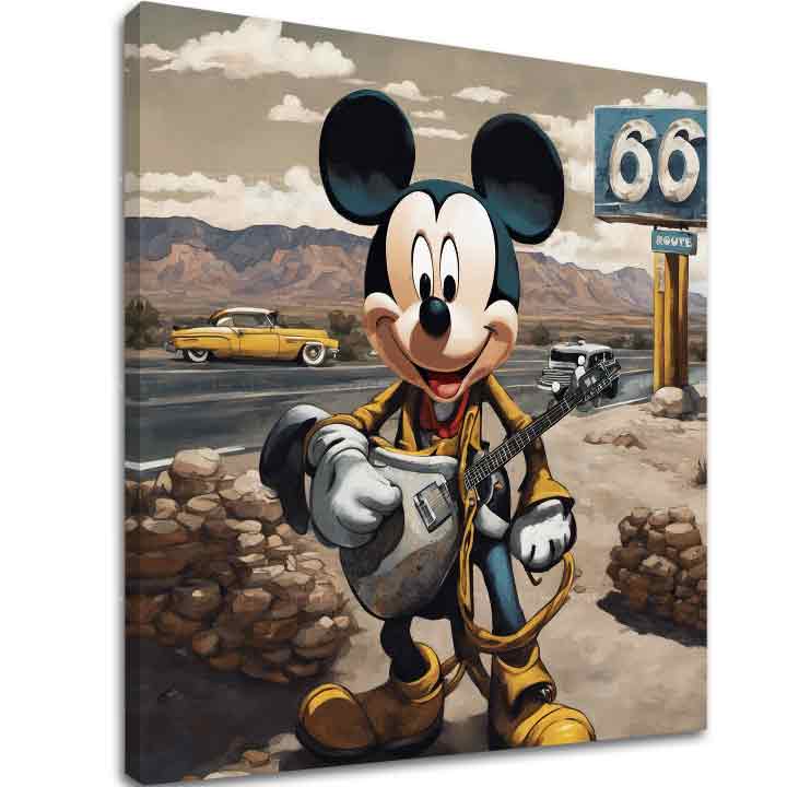 V boho štýle obraz na plátne s motívom Mickey Mouse Country Spevák, gitara, automobil, cestovateľský motív, detský motív v béžovo-modrých odtieňoch – hlavný