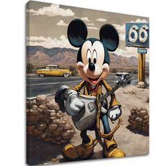 V boho štýle obraz na plátne s motívom Mickey Mouse Country Spevák, gitara, automobil, cestovateľský motív, detský motív v béžovo-modrých odtieňoch – hlavný