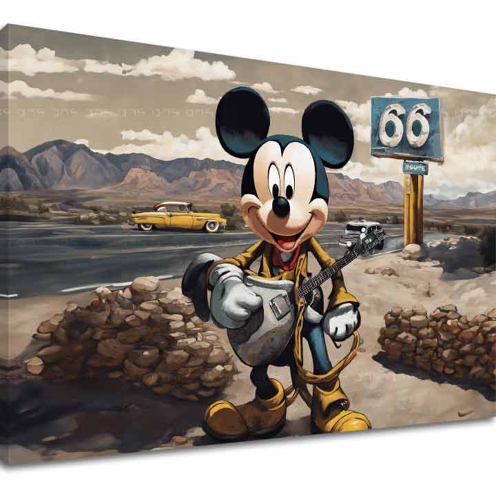 Vintage obraz na plátne s motívom Gitarista Mickey Mouse, detský motív, hudobný motív v béžovo-modrých odtieňoch, nostalgická atmosféra, vhodný do obývačky – hlavný