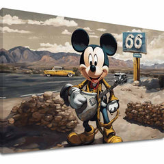 Vintage obraz na plátne s motívom Gitarista Mickey Mouse, detský motív, hudobný motív v béžovo-modrých odtieňoch, nostalgická atmosféra, vhodný do obývačky – hlavný