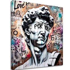 Pop art obraz na plátne s motívom Rebel David, graffiti v bielo-modrých odtieňoch | Obraz na plátne - Rebel David, nástenná dekorácia – hlavný