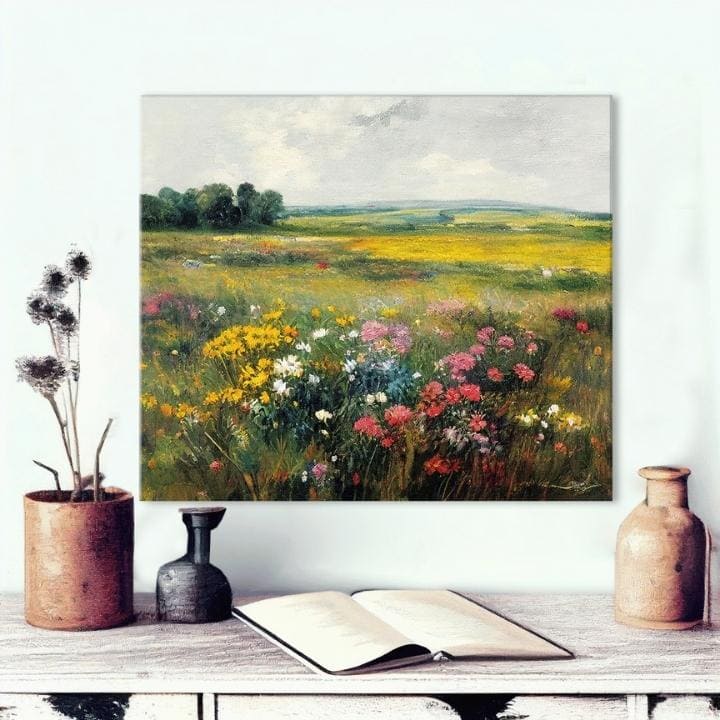 V boho štýle obraz na plátne s motívom lúka, stromy, obloha, kvety, príroda v bielo-ružových odtieňoch, pokojná atmosféra, príroda a jarná atmosféra – produkt