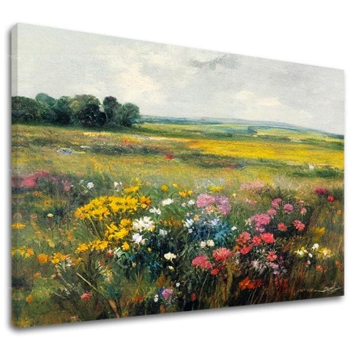 V boho štýle obraz na plátne s motívom lúka, stromy, obloha, kvety, príroda v bielo-ružových odtieňoch, pokojná atmosféra, príroda a jarná atmosféra – hlavný