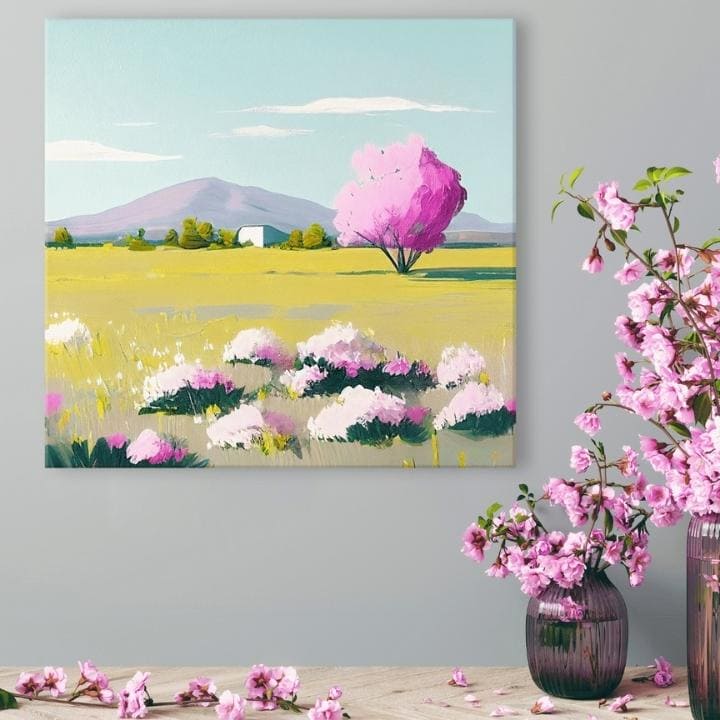 Moderný obraz na plátne s motívom krajina, strom, kvety, hory, obloha v bielo-zelených odtieňoch, pokojná atmosféra, príroda a jarná atmosféra – produkt