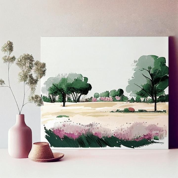 Pop art obraz na plátne s motívom stromy, pole, cestička, obloha, krajina v béžovo-fialových odtieňoch, pokojná atmosféra, príroda a jarná atmosféra – produkt