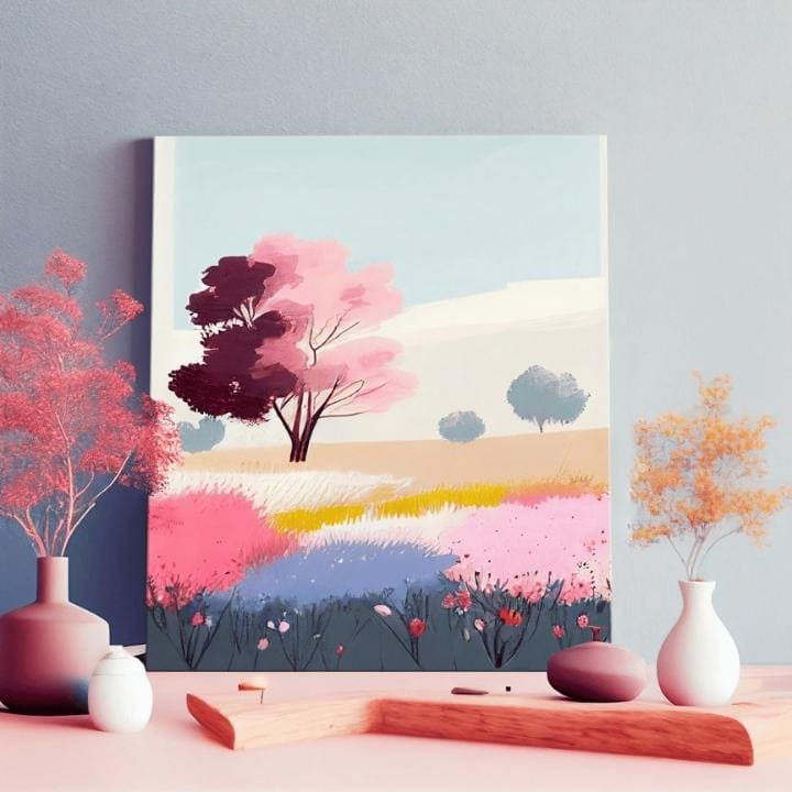 V boho štýle obraz na plátne s motívom strom, kvety, pole, obloha, príroda vo viacfarebných odtieňoch, snová atmosféra, príroda a jarná atmosféra – produkt