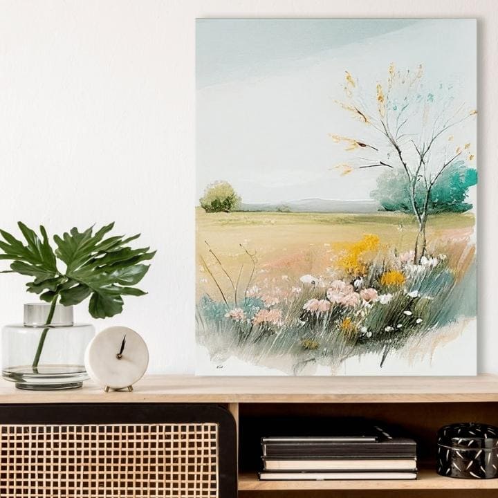 Obraz na plátne s motívom pole, strom, obloha, kvety, príroda vo viacfarebných odtieňoch, pokojná atmosféra, príroda a jarná atmosféra – produkt