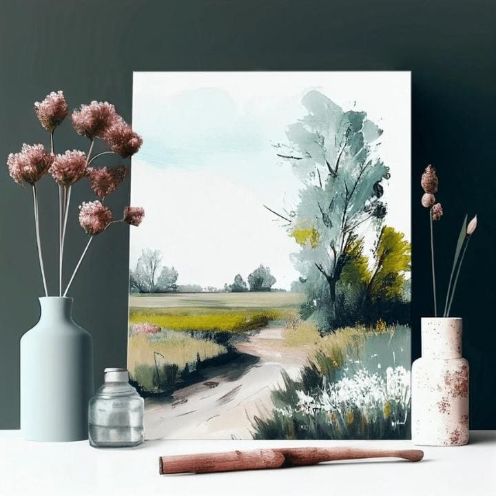 V boho štýle obraz na plátne s motívom cestička, stromy, pole, obloha, krajina v bielo-hnedých odtieňoch, pokojná atmosféra, príroda, vhodný do obývačky – produkt