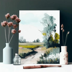 V boho štýle obraz na plátne s motívom cestička, stromy, pole, obloha, krajina v bielo-hnedých odtieňoch, pokojná atmosféra, príroda, vhodný do obývačky – produkt