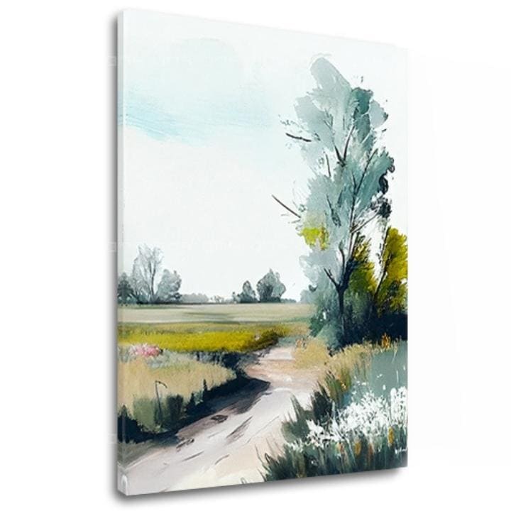 V boho štýle obraz na plátne s motívom cestička, stromy, pole, obloha, krajina v bielo-hnedých odtieňoch, pokojná atmosféra, príroda, vhodný do obývačky – hlavný