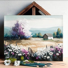 Moderný obraz na plátne s motívom krajina, strom, hory, kvety, príroda vo viacfarebných odtieňoch, pokojná atmosféra, príroda a samota, vhodný do obývačky – produkt