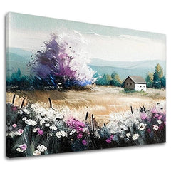 Moderný obraz na plátne s motívom krajina, strom, hory, kvety, príroda vo viacfarebných odtieňoch, pokojná atmosféra, príroda a samota, vhodný do obývačky – hlavný