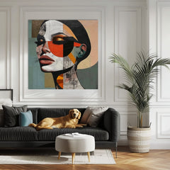 Pop art obraz na plátne s motívom žena, tvár, ľudia v béžovo-modrých odtieňoch, štýlová atmosféra, krása, vhodný do kancelárie | Elegantný obraz ženy Harmónia tvarov – produkt