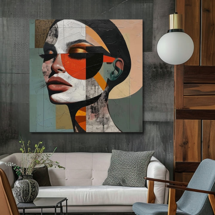 Pop art obraz na plátne s motívom žena, tvár, ľudia v béžovo-modrých odtieňoch, štýlová atmosféra, krása, vhodný do kancelárie | Elegantný obraz ženy Harmónia tvarov – produkt, pohľad 2