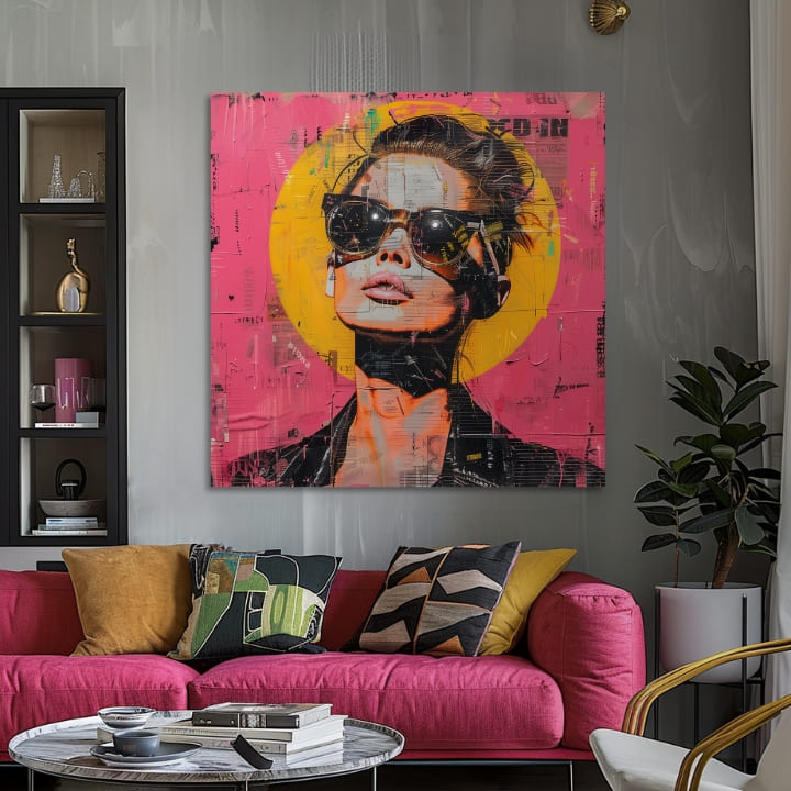 Pop art obraz na plátne s motívom žena, portrét, ľudia v oranžovo-ružových odtieňoch, drzá atmosféra, mestský život a popkultúra, vhodný do kancelárie – produkt
