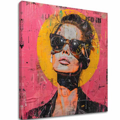 Pop art obraz na plátne s motívom žena, portrét, ľudia v oranžovo-ružových odtieňoch, drzá atmosféra, mestský život a popkultúra, vhodný do kancelárie – hlavný