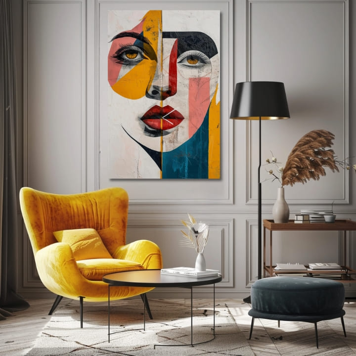 Moderný obraz na plátne s motívom ľudia vo viacfarebných odtieňoch, odvážna atmosféra, vhodný do obývačky | Elegantný obraz ženy Túžba bozkávať – produkt
