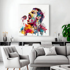 Pop art obraz na plátne s motívom Ikonický rebel Freddie Mercury, mikrofón v fialovo-modrých odtieňoch, energická atmosféra, rock and roll, vhodný do pracovne – produkt