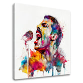 Pop art obraz na plátne s motívom Ikonický rebel Freddie Mercury, mikrofón v fialovo-modrých odtieňoch, energická atmosféra, rock and roll, vhodný do pracovne – hlavný