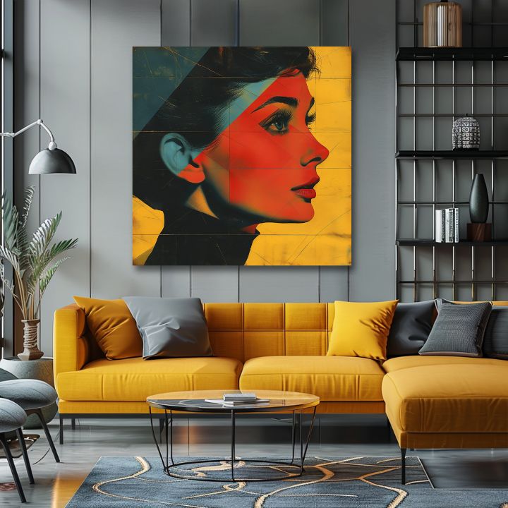 Moderný obraz na plátne s motívom Elegantná ikona v žlto-čiernych odtieňoch, štýlová atmosféra, krása a nostalgia | Audrey Hepburn obraz na plátne - Elegantná ikona – produkt, pohľad 2