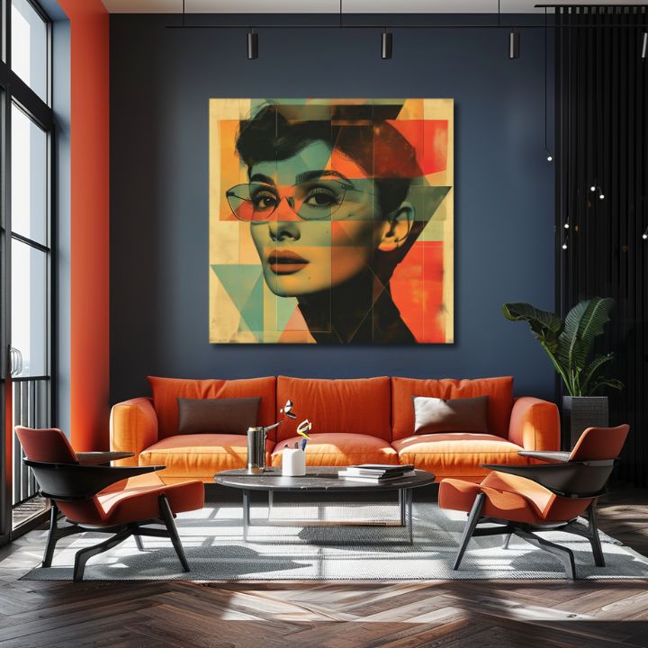 Moderný obraz na plátne s motívom Nezabudnuteľná krása, okuliare v tyrkysovo-oranžových odtieňoch, ikonografia | Audrey Hepburn obraz na plátne - Nezabudnuteľná krása – produkt