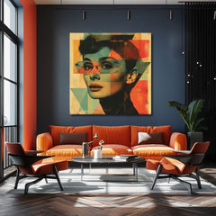 Moderný obraz na plátne s motívom Nezabudnuteľná krása, okuliare v tyrkysovo-oranžových odtieňoch, ikonografia | Audrey Hepburn obraz na plátne - Nezabudnuteľná krása – produkt
