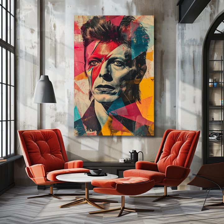 Obraz na plátne s motívom tvár v červeno-tyrkysových odtieňoch, energická atmosféra, rock and roll a sláva | David Bowie obraz na plátne - Rebel s dušou umelca – produkt