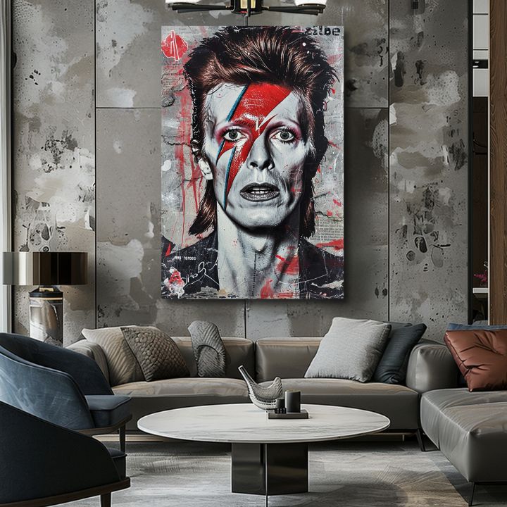 Moderný obraz na plátne s motívom Davida Bowieho - Ikona hudby a štýlu v bielo-čiernych odtieňoch, intenzívna atmosféra, hudobná história a ikonografia – produkt