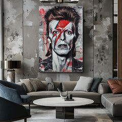 Moderný obraz na plátne s motívom Davida Bowieho - Ikona hudby a štýlu v bielo-čiernych odtieňoch, intenzívna atmosféra, hudobná história a ikonografia – produkt