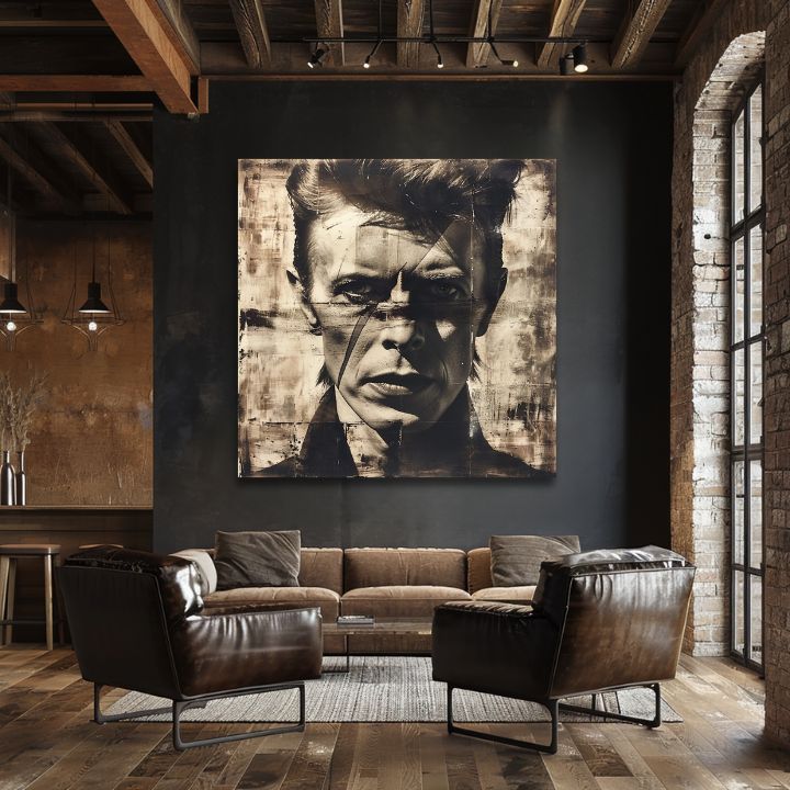 Moderný obraz na plátne v hnedo-bielych odtieňoch, hudobná história a ikonografia | David Bowie obraz na plátne - Neľútostný pohľad – produkt