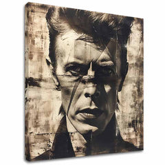 Moderný obraz na plátne v hnedo-bielych odtieňoch, hudobná história a ikonografia | David Bowie obraz na plátne - Neľútostný pohľad – hlavný