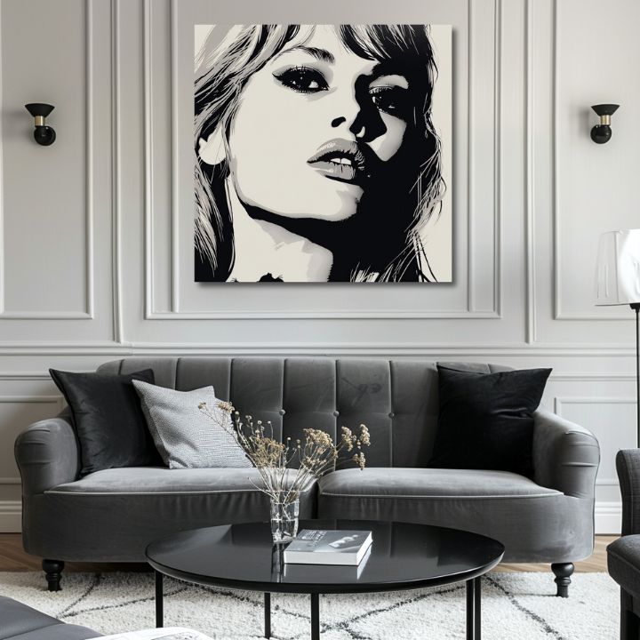 Moderný obraz na plátne s motívom Brigitte Bardot - Elegancia 60. rokov, vlasy v bielo-čiernych odtieňoch, dramatická atmosféra | Obraz Brigitte Bardot - Elegancia 60. rokov – produkt