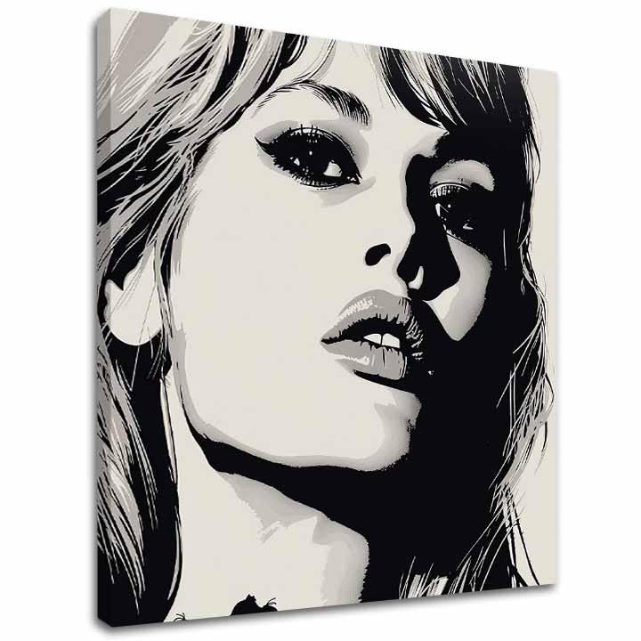 Moderný obraz na plátne s motívom Brigitte Bardot - Elegancia 60. rokov, vlasy v bielo-čiernych odtieňoch, dramatická atmosféra | Obraz Brigitte Bardot - Elegancia 60. rokov – hlavný