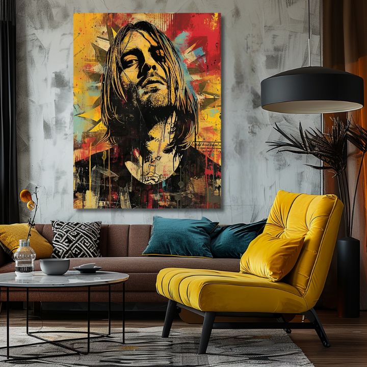 Moderný obraz na plátne v žlto-čiernych odtieňoch, rock and roll a hudobná história | Kurt Cobain na plátne - Hudobná revolúcia – produkt