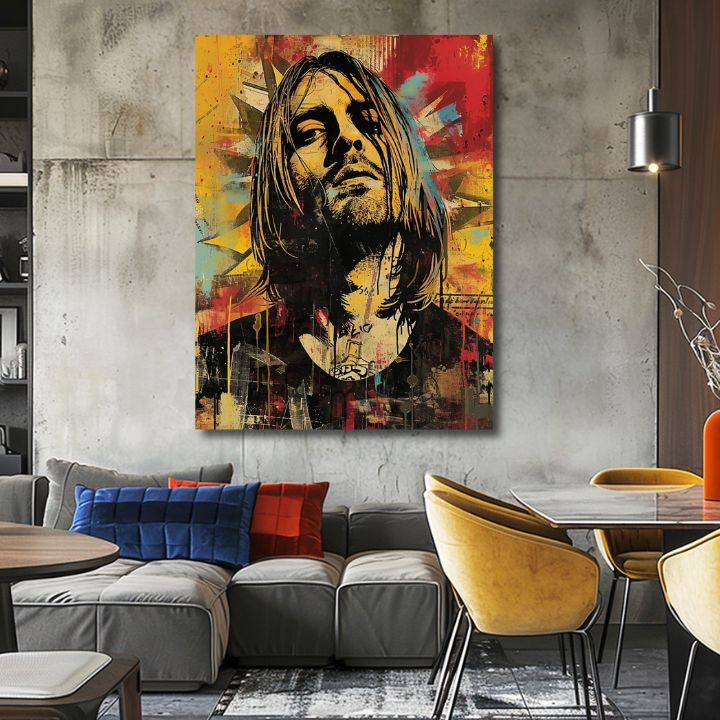 Moderný obraz na plátne v žlto-čiernych odtieňoch, rock and roll a hudobná história | Kurt Cobain na plátne - Hudobná revolúcia – produkt, pohľad 2
