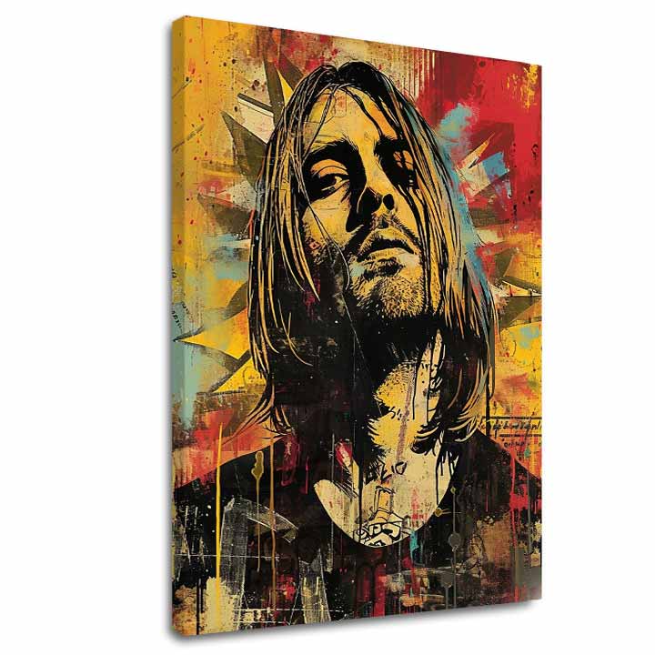Moderný obraz na plátne v žlto-čiernych odtieňoch, rock and roll a hudobná história | Kurt Cobain na plátne - Hudobná revolúcia – hlavný
