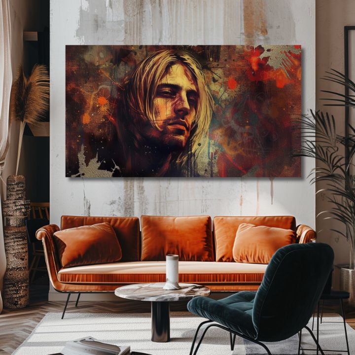 Obraz na plátne s motívom Kurt Cobain - V srdci grunge v hnedo-zlatých odtieňoch, melancholická atmosféra, rock and roll | Obraz Kurt Cobain - V srdci grunge – produkt