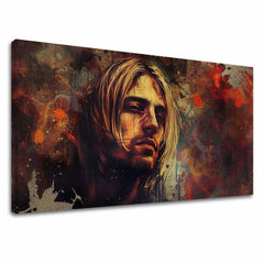 Obraz na plátne s motívom Kurt Cobain - V srdci grunge v hnedo-zlatých odtieňoch, melancholická atmosféra, rock and roll | Obraz Kurt Cobain - V srdci grunge – hlavný