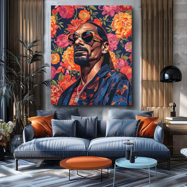 Obraz na plátne s motívom Snoop Dogg - Ikona rapovej scény, kvety v oranžových odtieňoch | Obraz Snoop Dogg - Ikona rapovej scény – produkt